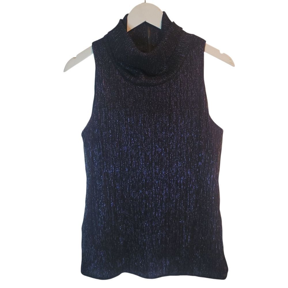 Blue Sparkle Black Sleeveless Cowl Blouse